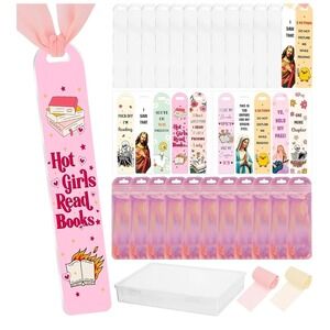 CRASHOT 40pc DIY Acrylic Bookmark Kit Funny UV DTF Stickers Chiffon Ribbon Pink